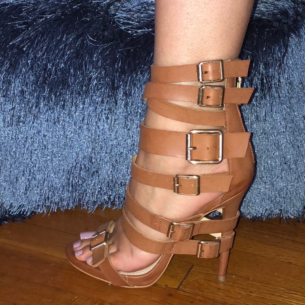 Bebe Brown Cassee Multi-buckle Strap Heels Pumps